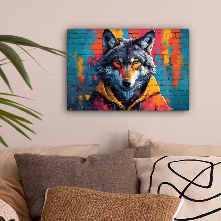 Graffiti - Wolf - Street art - Blauw canvas 2cm klein -sfeer1