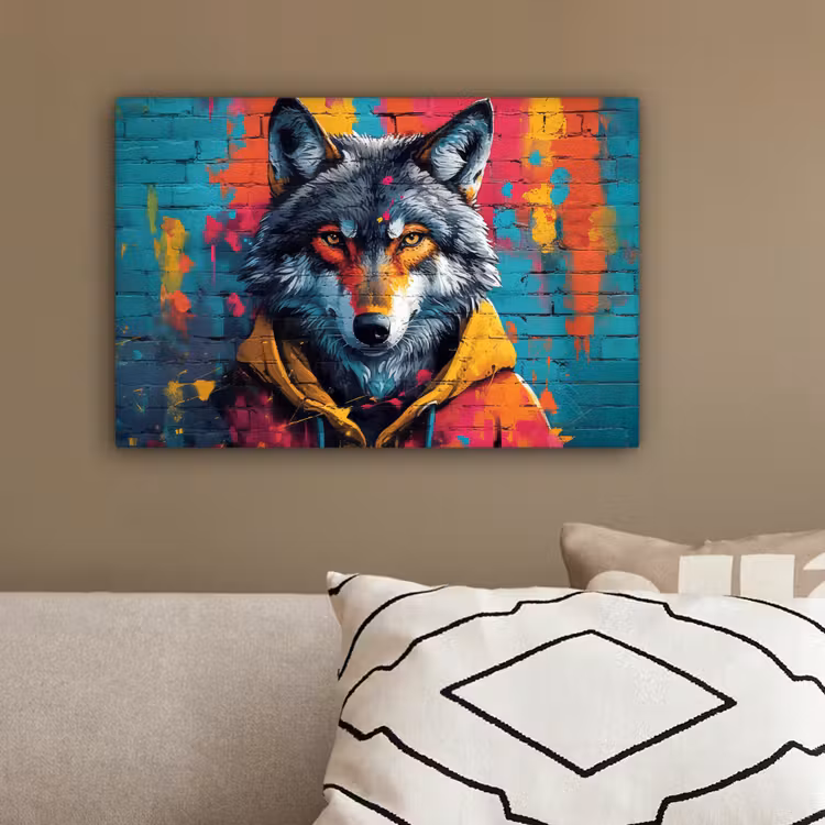 Graffiti - Wolf - Street art - Blauw canvas 2cm klein -sfeer3