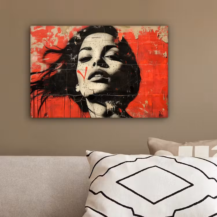 Graffiti - Vrouw - Rood - Street art - Banksy canvas 2cm klein -sfeer3