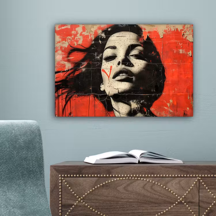 Graffiti - Vrouw - Rood - Street art - Banksy canvas 2cm klein -sfeer4