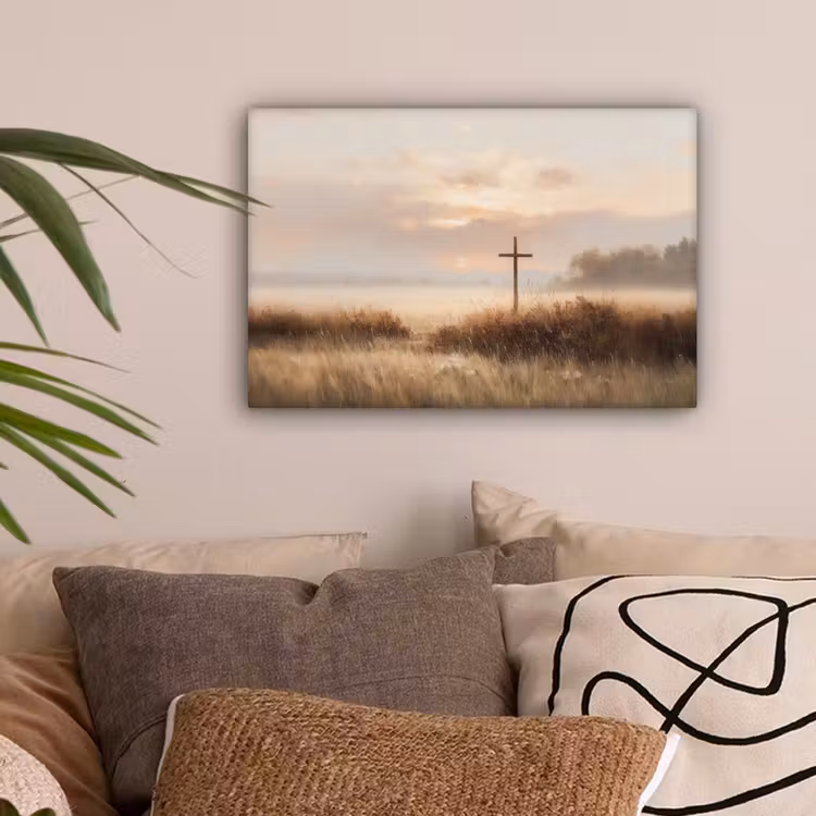 Gras - Ochtendnevel - Kruis - Christendom canvas 2cm klein -sfeer1