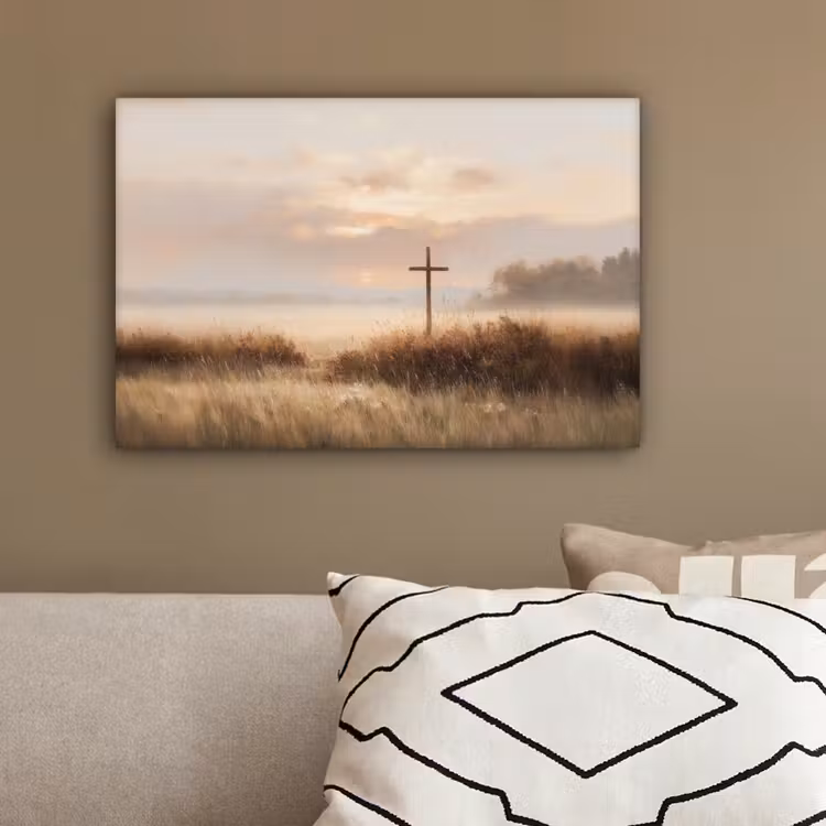 Gras - Ochtendnevel - Kruis - Christendom canvas 2cm klein -sfeer3