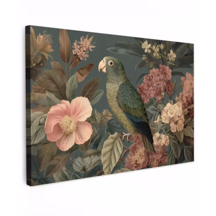 Groene papegaai - Kleurrijke bloemen - Donkere achtergrond canvas 2cm klein -z3d