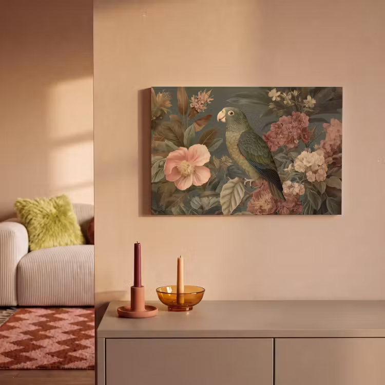 Groene papegaai - Kleurrijke bloemen - Donkere achtergrond canvas 2cm klein -sfeer1