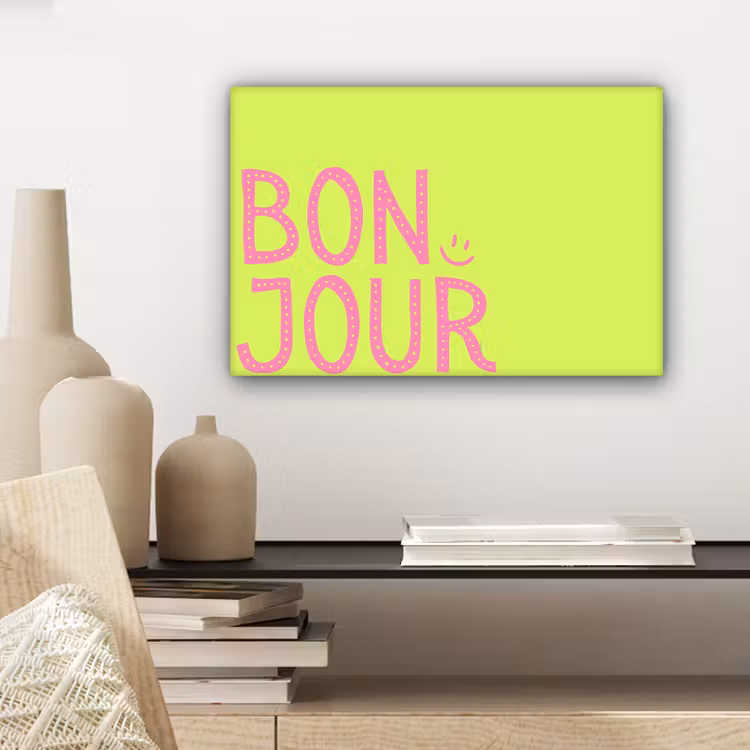 Groen - Smiley - Bonjour - Roze canvas 2cm klein -sfeer6