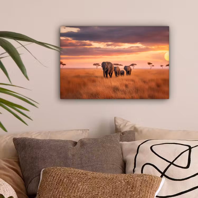Groep olifanten - Open vlakte - Zon canvas 2cm klein -sfeer1