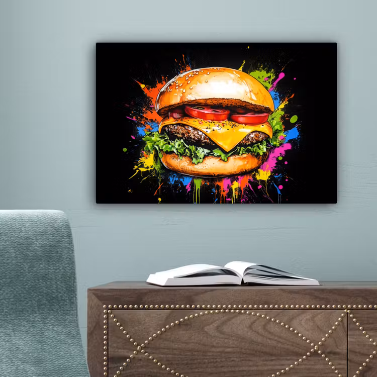 Hamburger - Graffiti - Verf - Kleurrijk - Eten - Abstract canvas 2cm klein -sfeer4