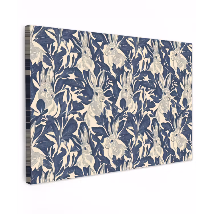 Hazen - Bladeren - Patroon - Blauw - Beige canvas 2cm klein 34 -z3d