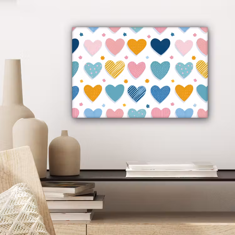 Hartjes - Pastel - Kleurcontrast - Handgetekend canvas 2cm klein -sfeer6