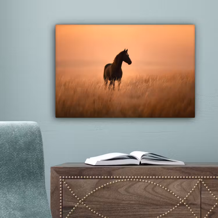 Paard - Grasveld - Zonsondergang canvas 2cm klein -sfeer4