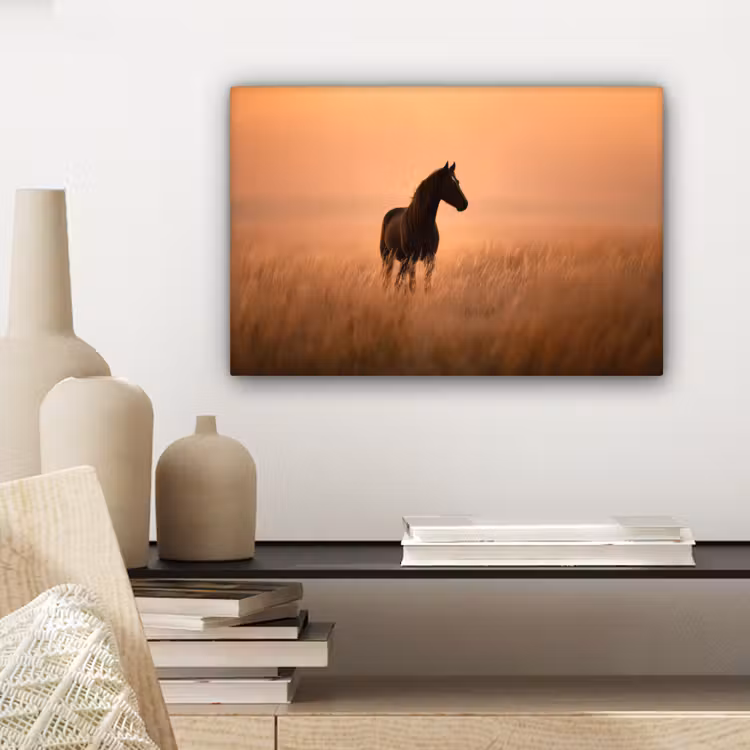 Paard - Grasveld - Zonsondergang canvas 2cm klein -sfeer6