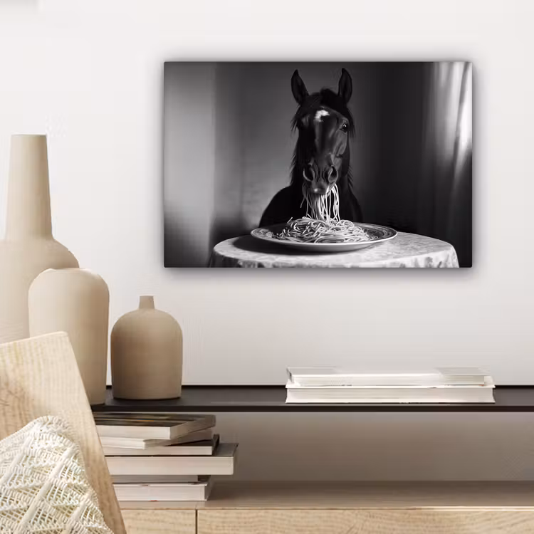 Paard - Bord - Pasta - Tafelkleed - Zwart Wit - Dieren canvas 2cm klein -sfeer6