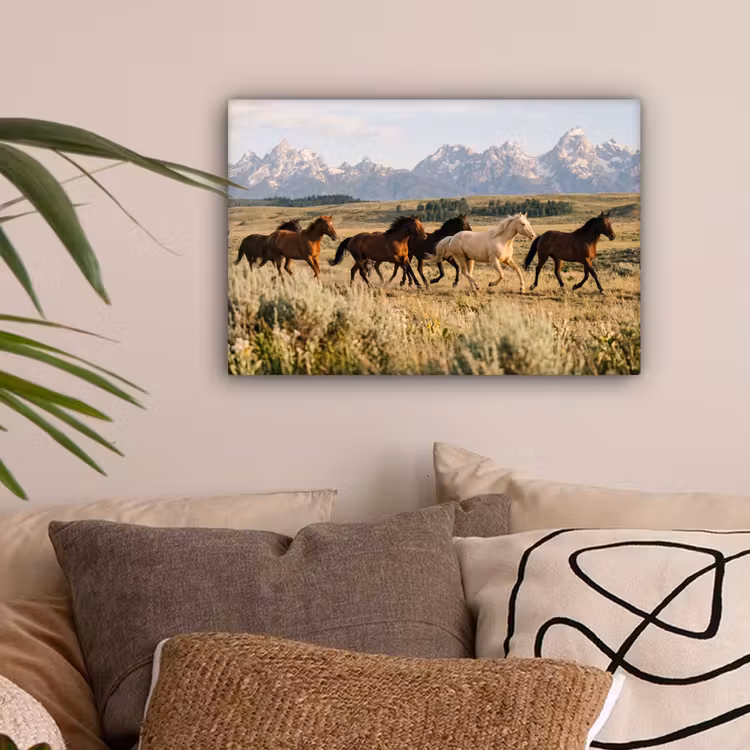 Paarden - Kudde - Bergen - Vrijheid - Wild canvas 2cm klein -sfeer1