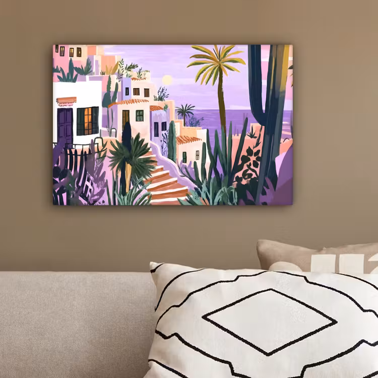 Huizen - Minimalistisch - Palmbomen - Kust canvas 2cm klein -sfeer3