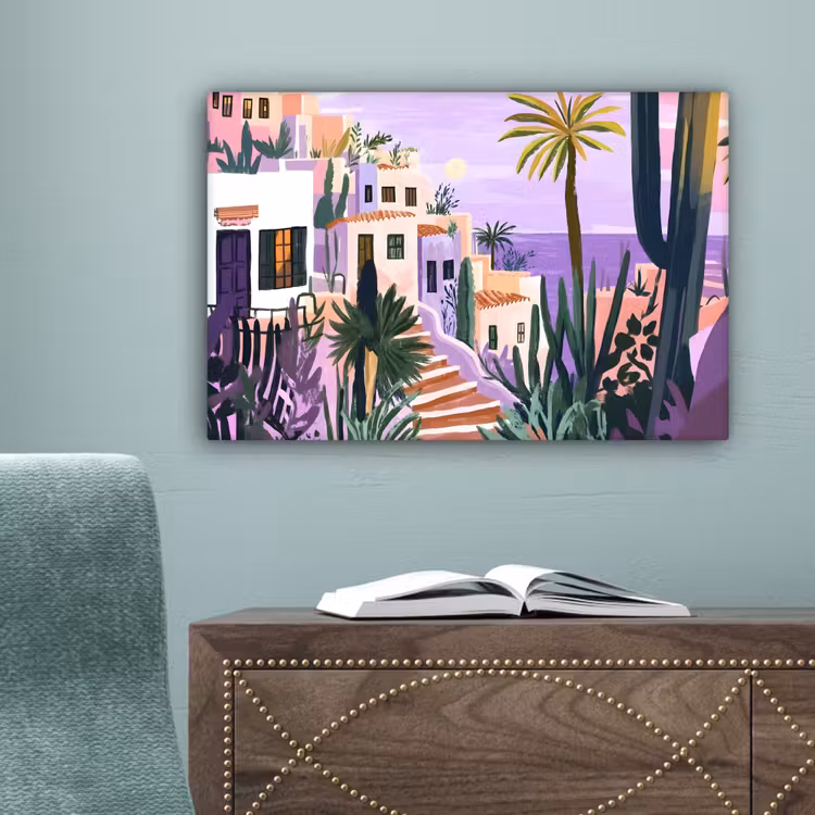 Huizen - Minimalistisch - Palmbomen - Kust canvas 2cm klein -sfeer4
