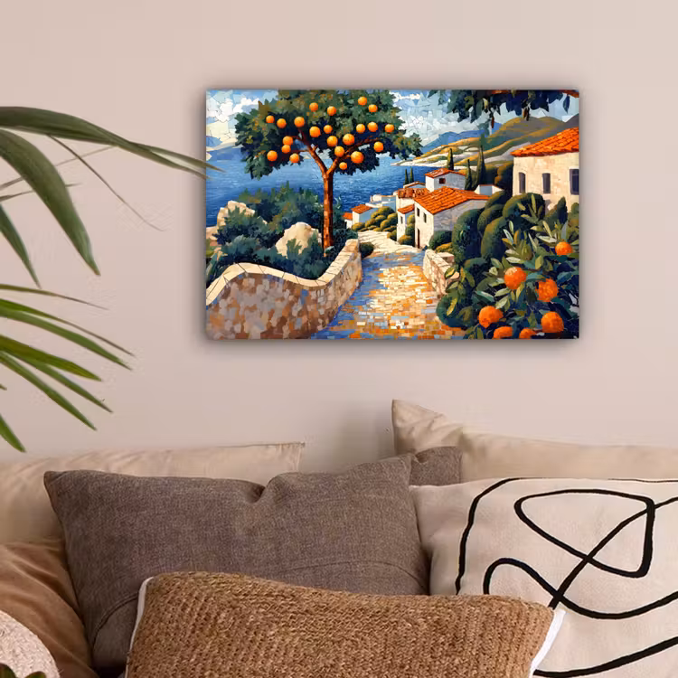 Huizen - Mozaïek - Sinaasappelbomen - Zee canvas 2cm klein -sfeer1