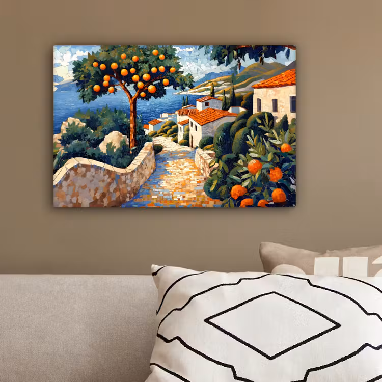 Huizen - Mozaïek - Sinaasappelbomen - Zee canvas 2cm klein -sfeer3