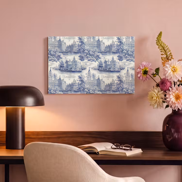Huizen - Bomen - Water - Vogels - Blauw canvas 2cm klein 34 -sfeer4