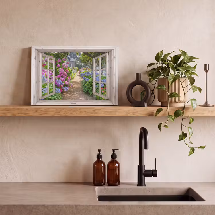 Hortensia - Doorkijk - Bloemen - Zomer - Paars - Pad canvas 2cm klein -sfeer3
