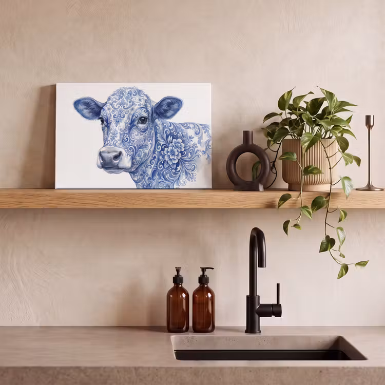 Illustratie - Koe - Blauw canvas 2cm klein -sfeer3