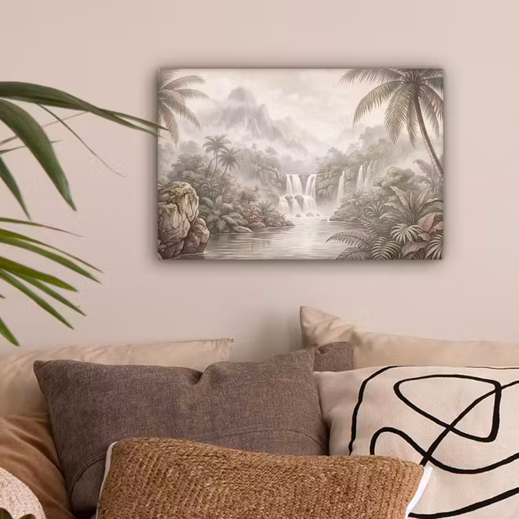 Jungle - Watervallen - Tropisch - Illustratie canvas 2cm klein -sfeer1