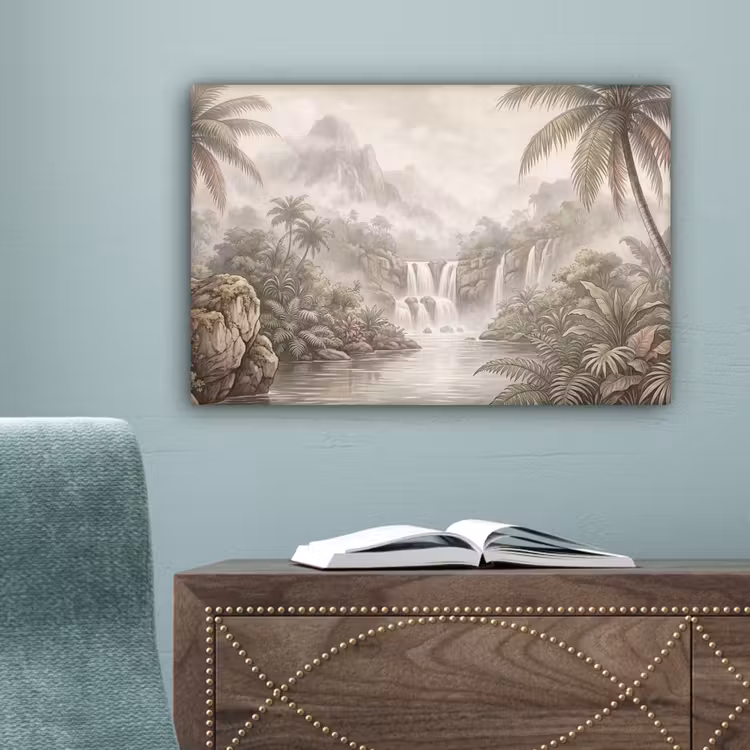 Jungle - Watervallen - Tropisch - Illustratie canvas 2cm klein -sfeer4
