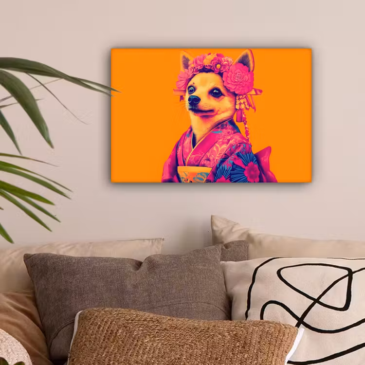 Kimono - Hondje - Bloemenkroon - Oranje canvas 2cm klein -sfeer1