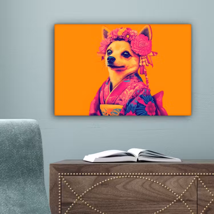 Kimono - Hondje - Bloemenkroon - Oranje canvas 2cm klein -sfeer4