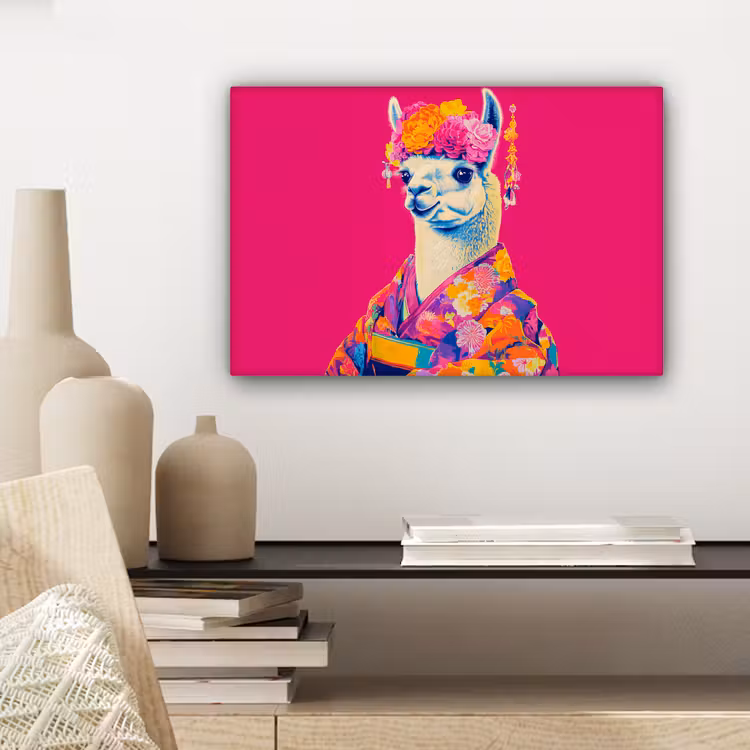 Lama - Kimono - Bloemenkrans - Felroze canvas 2cm klein -sfeer6