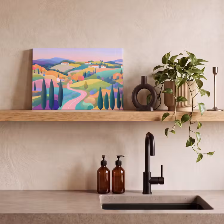 Landschap - Paars - Pastel - Huizen canvas 2cm klein -sfeer3