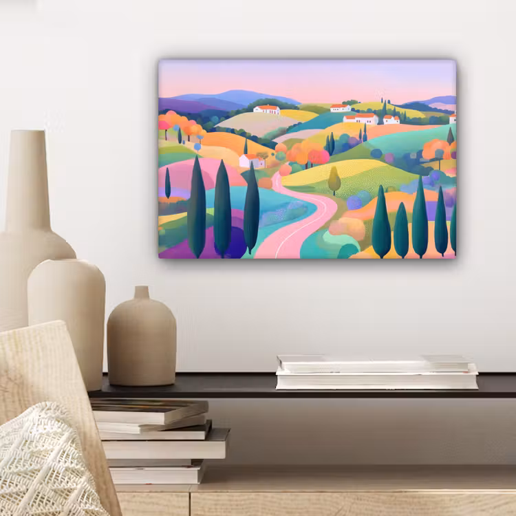 Landschap - Paars - Pastel - Huizen canvas 2cm klein -sfeer6