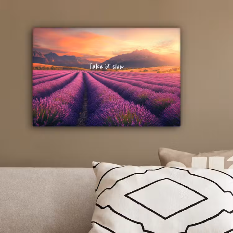 Lavendelveld - Quote - Zonsondergang canvas 2cm klein -sfeer3