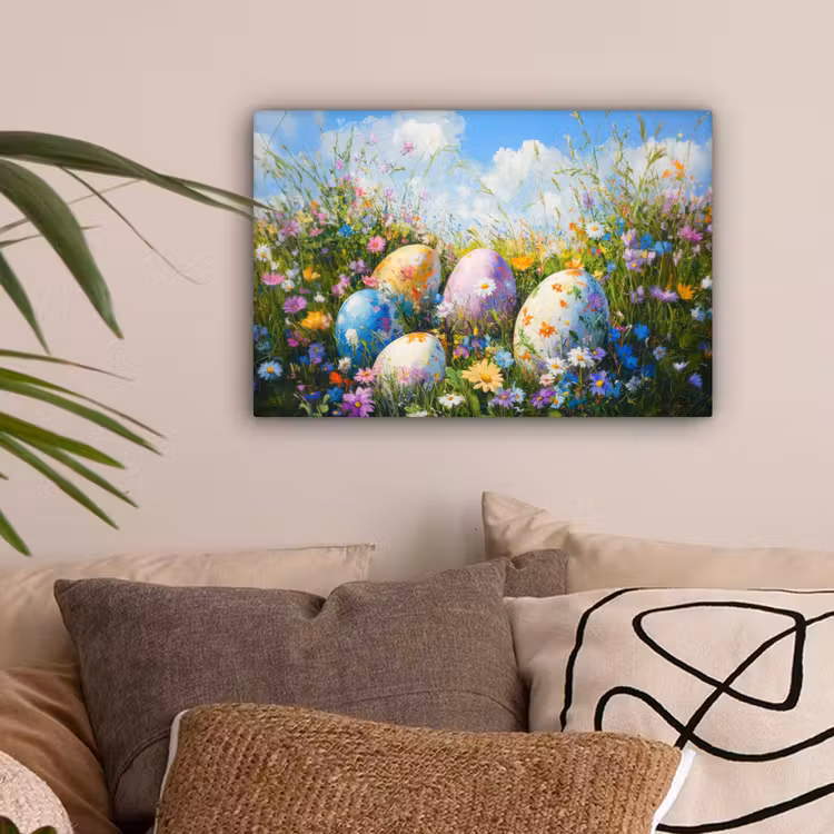 Grasveld - Eieren - Bloemen canvas 2cm klein -sfeer1