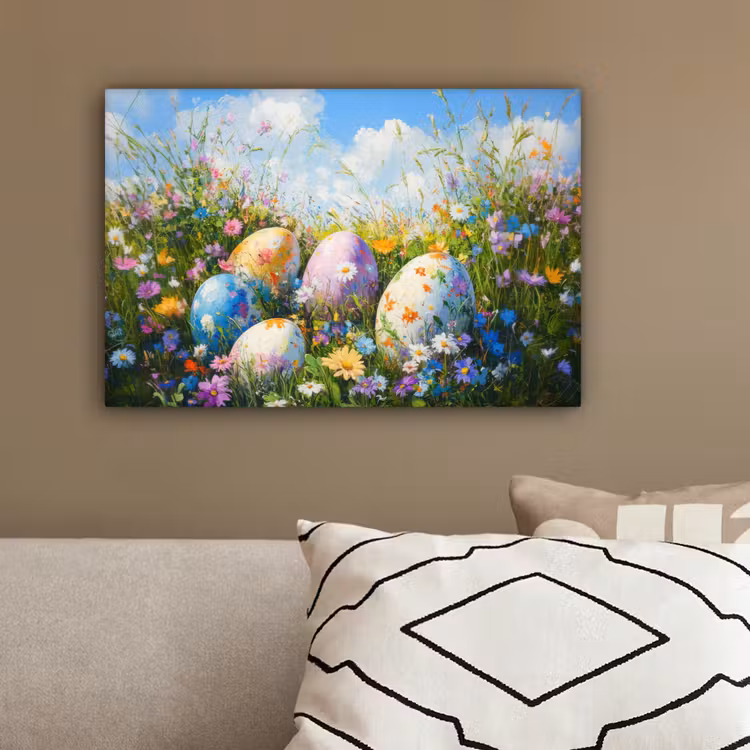 Grasveld - Eieren - Bloemen canvas 2cm klein -sfeer3