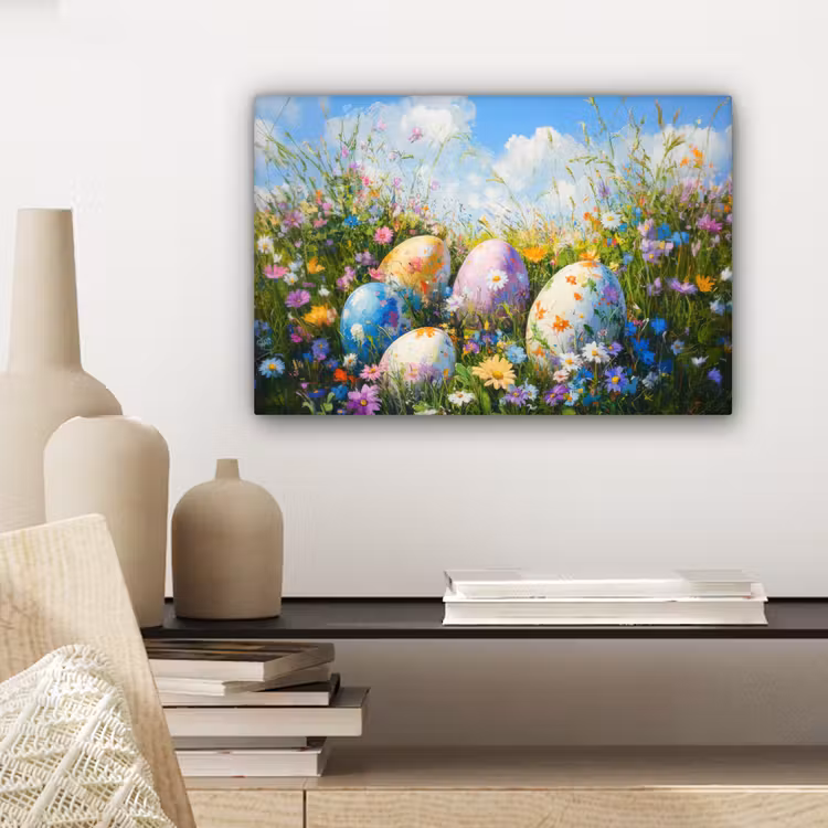 Grasveld - Eieren - Bloemen canvas 2cm klein -sfeer6