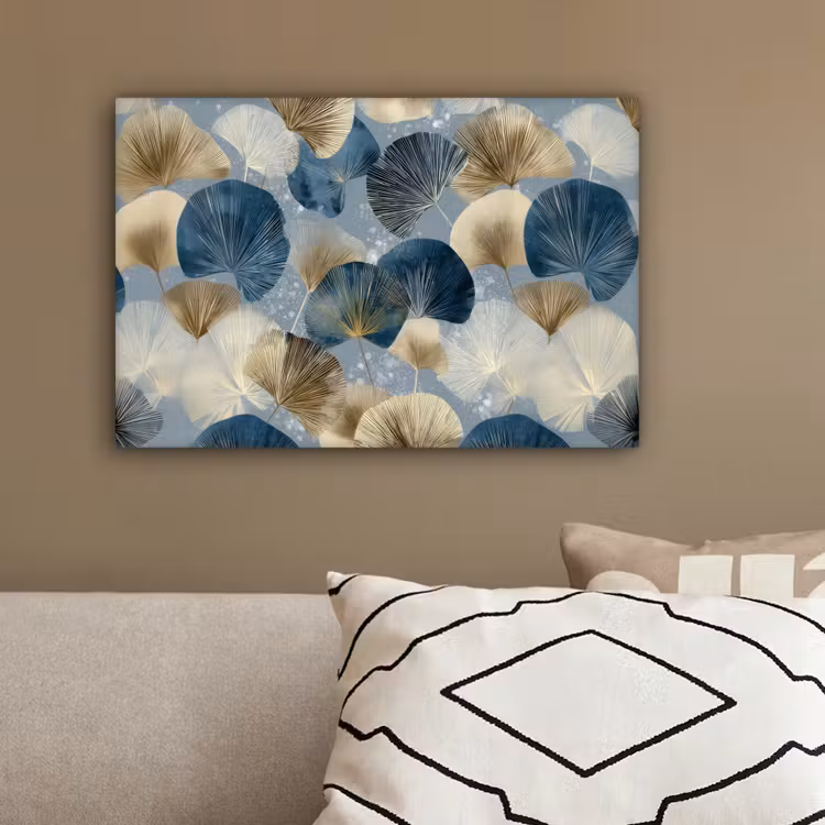 Bladeren - Abstract - Goud - Blauw canvas 2cm klein -sfeer3