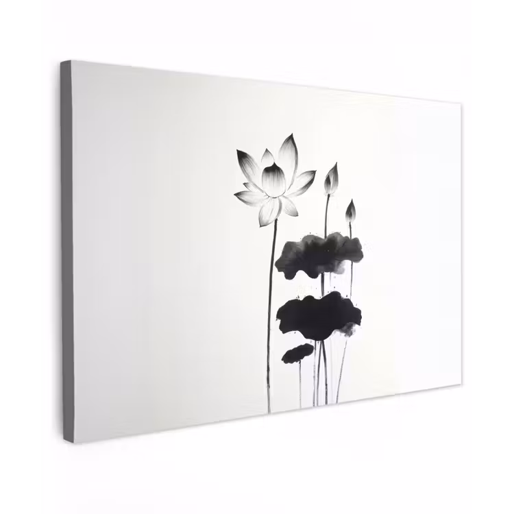 Bladeren - Zwart - Lotusbloem - Minimalitisch canvas 2cm klein -z3d