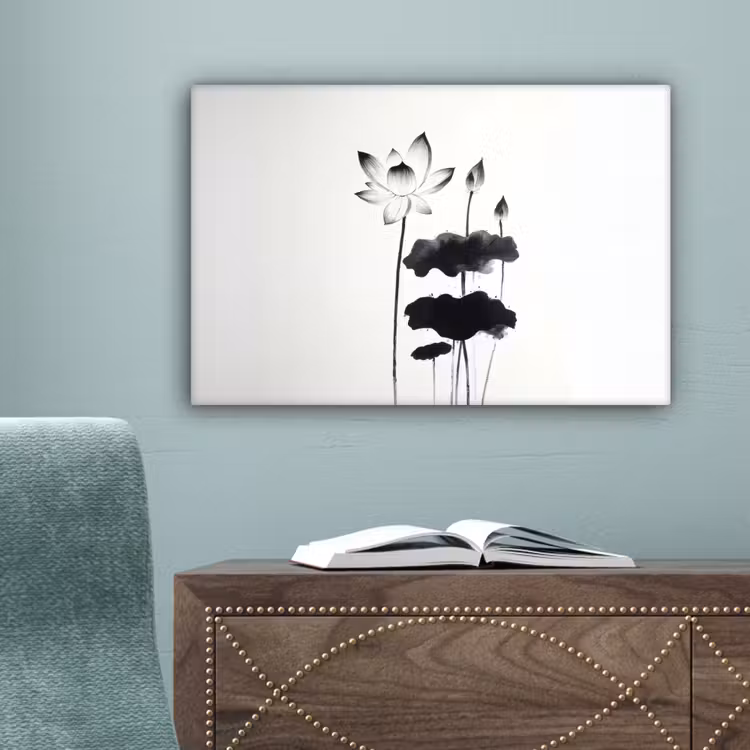Bladeren - Zwart - Lotusbloem - Minimalitisch canvas 2cm klein -sfeer4
