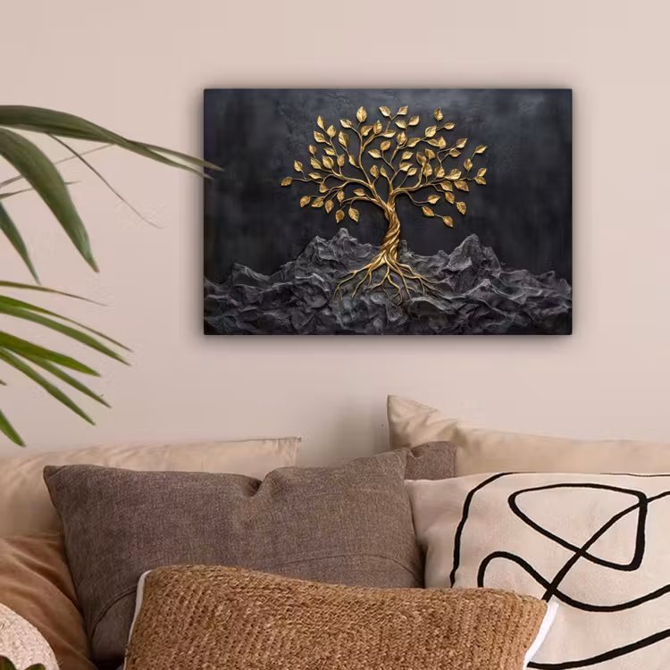 Bladeren - Goud - Boom - Rots canvas 2cm klein -sfeer1