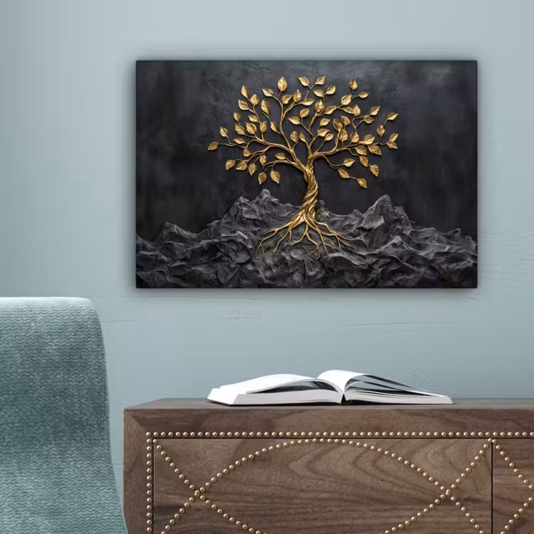 Bladeren - Goud - Boom - Rots canvas 2cm klein -sfeer4
