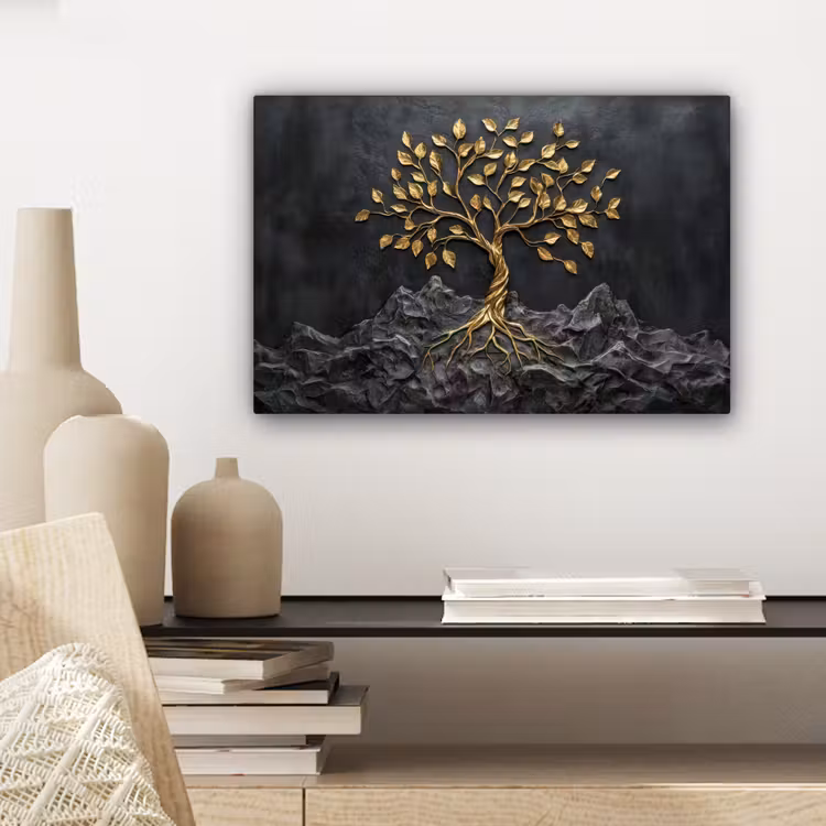 Bladeren - Goud - Boom - Rots canvas 2cm klein -sfeer6
