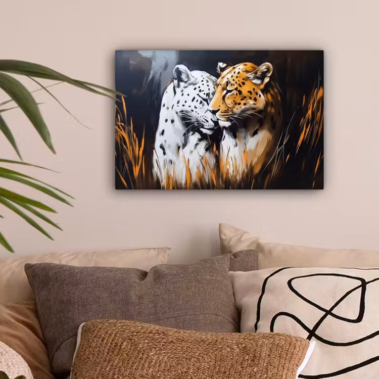 Luipaard - Oranje - Wit - Gras canvas 2cm klein -sfeer1