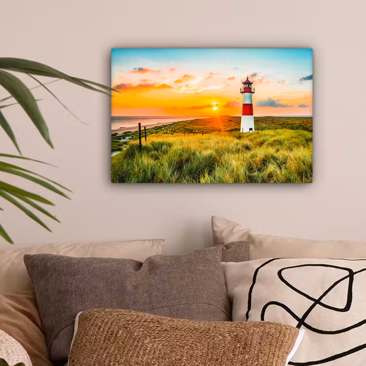Vuurtoren - Natuur - Zon - Landschap - Gras - Strand - Zee canvas 2cm klein -sfeer1