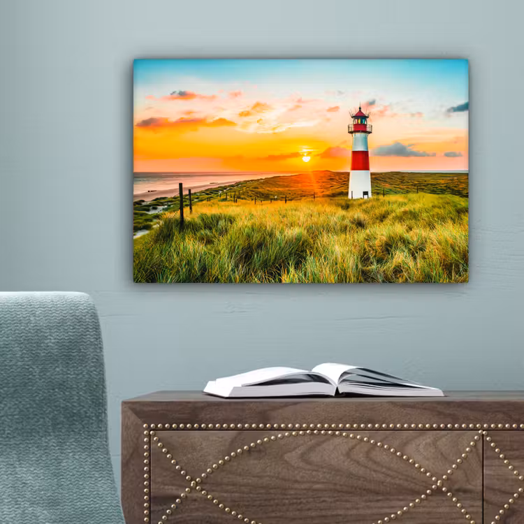 Vuurtoren - Natuur - Zon - Landschap - Gras - Strand - Zee canvas 2cm klein -sfeer4