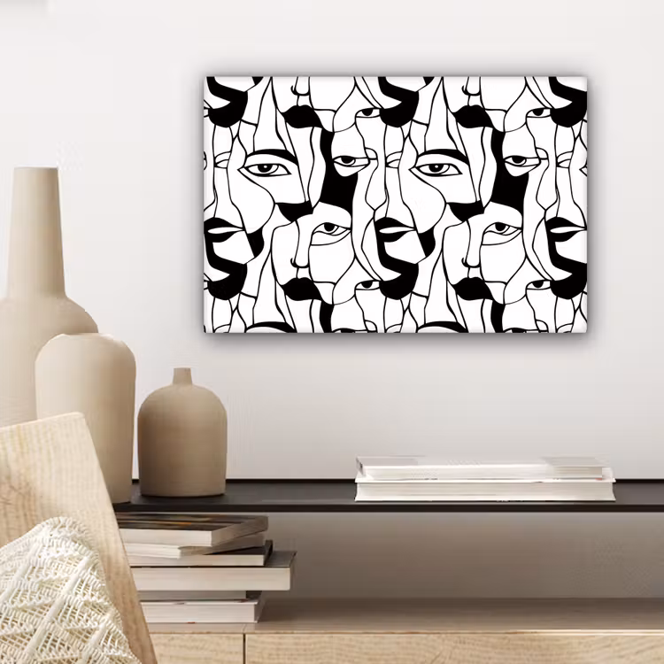 Lijnen - Gezichten - Zwart - Wit canvas 2cm klein 34 -sfeer6