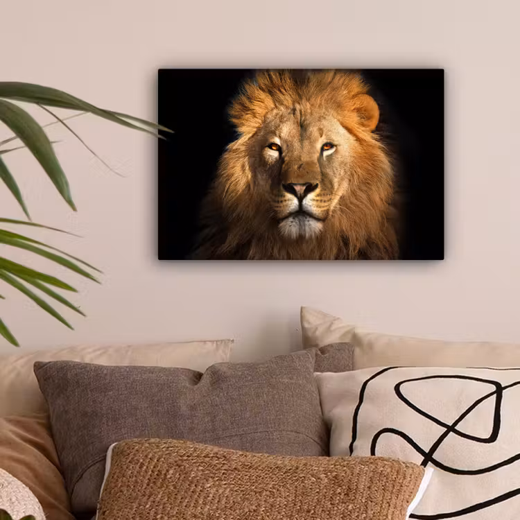 Leeuw - Dieren - Zwart - Licht - Bruin - Portret canvas 2cm klein -sfeer1
