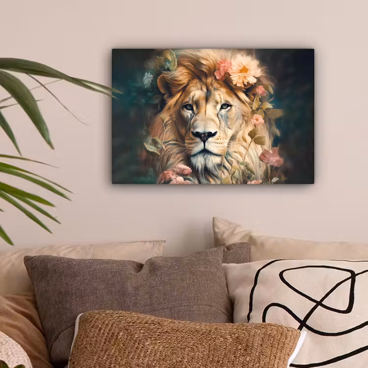 Leeuw - Leeuwenkop - Wilde dieren - Bloemen canvas 2cm klein -sfeer1