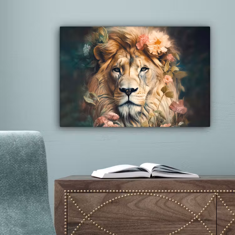 Leeuw - Leeuwenkop - Wilde dieren - Bloemen canvas 2cm klein -sfeer4