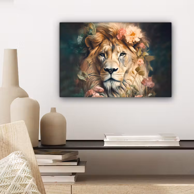 Leeuw - Leeuwenkop - Wilde dieren - Bloemen canvas 2cm klein -sfeer6
