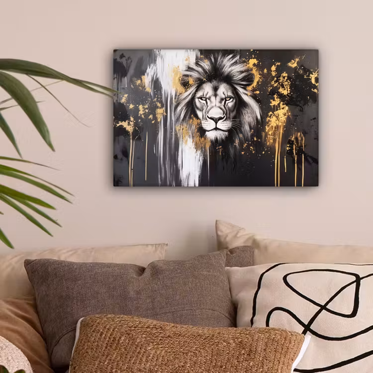 Leeuw - Portret - Verfspatten - Grijs canvas 2cm klein -sfeer1